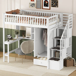 HomeRoots White Four Poster Twin Loft Bed with Integrated Desk, Shelves & Space-Saving Design for Kids' Rooms 592855