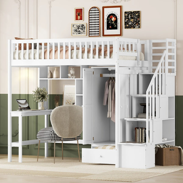 HomeRoots White Four Poster Twin Loft Bed with Integrated Desk, Shelves & Space-Saving Design for Kids' Rooms 592855