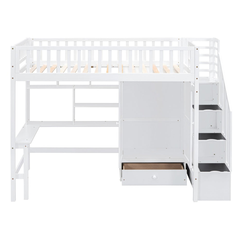 HomeRoots White Four Poster Twin Loft Bed with Integrated Desk, Shelves & Space-Saving Design for Kids' Rooms 592855