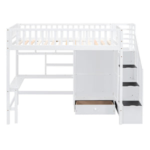 HomeRoots White Four Poster Twin Loft Bed with Integrated Desk, Shelves & Space-Saving Design for Kids' Rooms 592855
