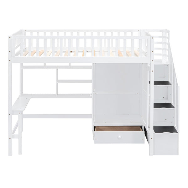 HomeRoots White Four Poster Twin Loft Bed with Integrated Desk, Shelves & Space-Saving Design for Kids' Rooms 592855