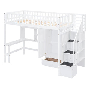 HomeRoots White Four Poster Twin Loft Bed with Integrated Desk, Shelves & Space-Saving Design for Kids' Rooms 592855