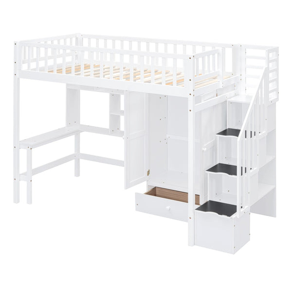 HomeRoots White Four Poster Twin Loft Bed with Integrated Desk, Shelves & Space-Saving Design for Kids' Rooms 592855
