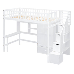 HomeRoots White Four Poster Twin Loft Bed with Integrated Desk, Shelves & Space-Saving Design for Kids' Rooms 592855