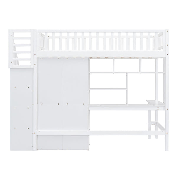 HomeRoots White Four Poster Twin Loft Bed with Integrated Desk, Shelves & Space-Saving Design for Kids' Rooms 592855