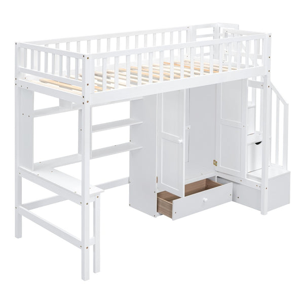 HomeRoots White Four Poster Twin Loft Bed with Integrated Desk, Shelves & Space-Saving Design for Kids' Rooms 592855