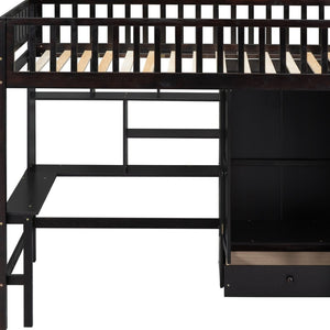 HomeRoots Espresso Four Poster Twin Loft Bed with Desk, Shelves & Storage - Stylish Space Saver for Kids 592856