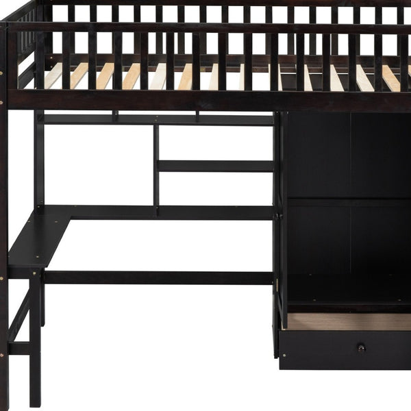 HomeRoots Espresso Four Poster Twin Loft Bed with Desk, Shelves & Storage - Stylish Space Saver for Kids 592856