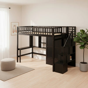HomeRoots Espresso Four Poster Twin Loft Bed with Desk, Shelves & Storage - Stylish Space Saver for Kids 592856