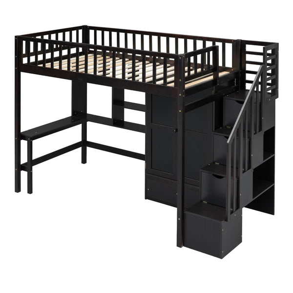 HomeRoots Espresso Four Poster Twin Loft Bed with Desk, Shelves & Storage - Stylish Space Saver for Kids 592856