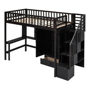 HomeRoots Espresso Four Poster Twin Loft Bed with Desk, Shelves & Storage - Stylish Space Saver for Kids 592856