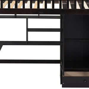 HomeRoots Espresso Four Poster Twin Loft Bed with Desk, Shelves & Storage - Stylish Space Saver for Kids 592856