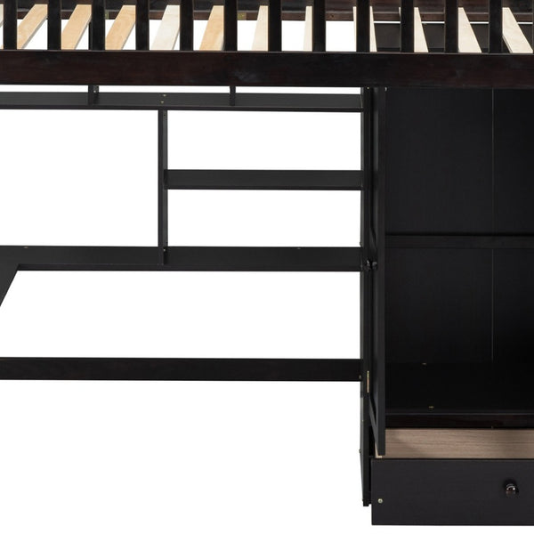 HomeRoots Espresso Four Poster Twin Loft Bed with Desk, Shelves & Storage - Stylish Space Saver for Kids 592856