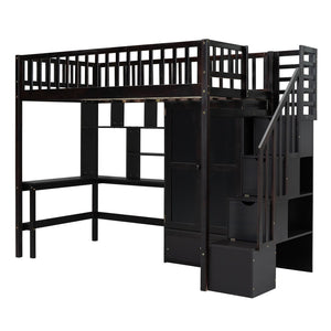 HomeRoots Espresso Four Poster Twin Loft Bed with Desk, Shelves & Storage - Stylish Space Saver for Kids 592856