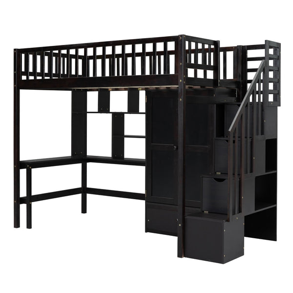 HomeRoots Espresso Four Poster Twin Loft Bed with Desk, Shelves & Storage - Stylish Space Saver for Kids 592856