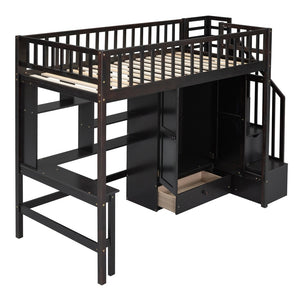 HomeRoots Espresso Four Poster Twin Loft Bed with Desk, Shelves & Storage - Stylish Space Saver for Kids 592856