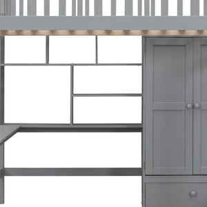 HomeRoots Gray Four Poster Loft Bed with Integrated Desk, Shelves, and Storage for Stylish Space-Saving Solutions 592857