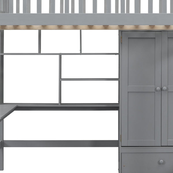 HomeRoots Gray Four Poster Loft Bed with Integrated Desk, Shelves, and Storage for Stylish Space-Saving Solutions 592857