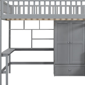 HomeRoots Gray Four Poster Loft Bed with Integrated Desk, Shelves, and Storage for Stylish Space-Saving Solutions 592857