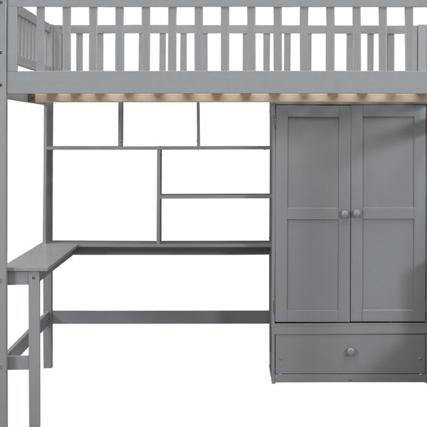 HomeRoots Gray Four Poster Loft Bed with Integrated Desk, Shelves, and Storage for Stylish Space-Saving Solutions 592857