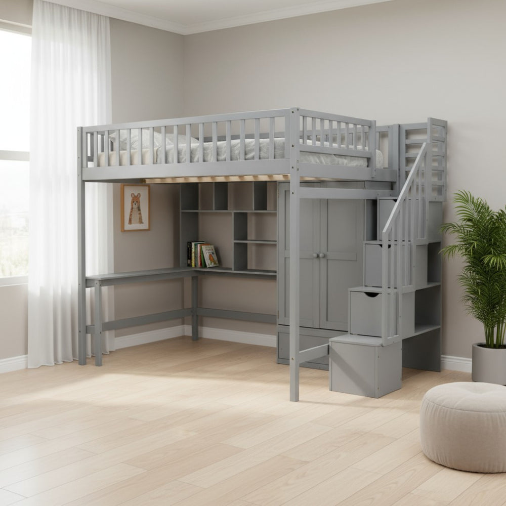 HomeRoots Gray Four Poster Loft Bed with Integrated Desk, Shelves, and Storage for Stylish Space-Saving Solutions 592857