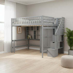 HomeRoots Gray Four Poster Loft Bed with Integrated Desk, Shelves, and Storage for Stylish Space-Saving Solutions 592857