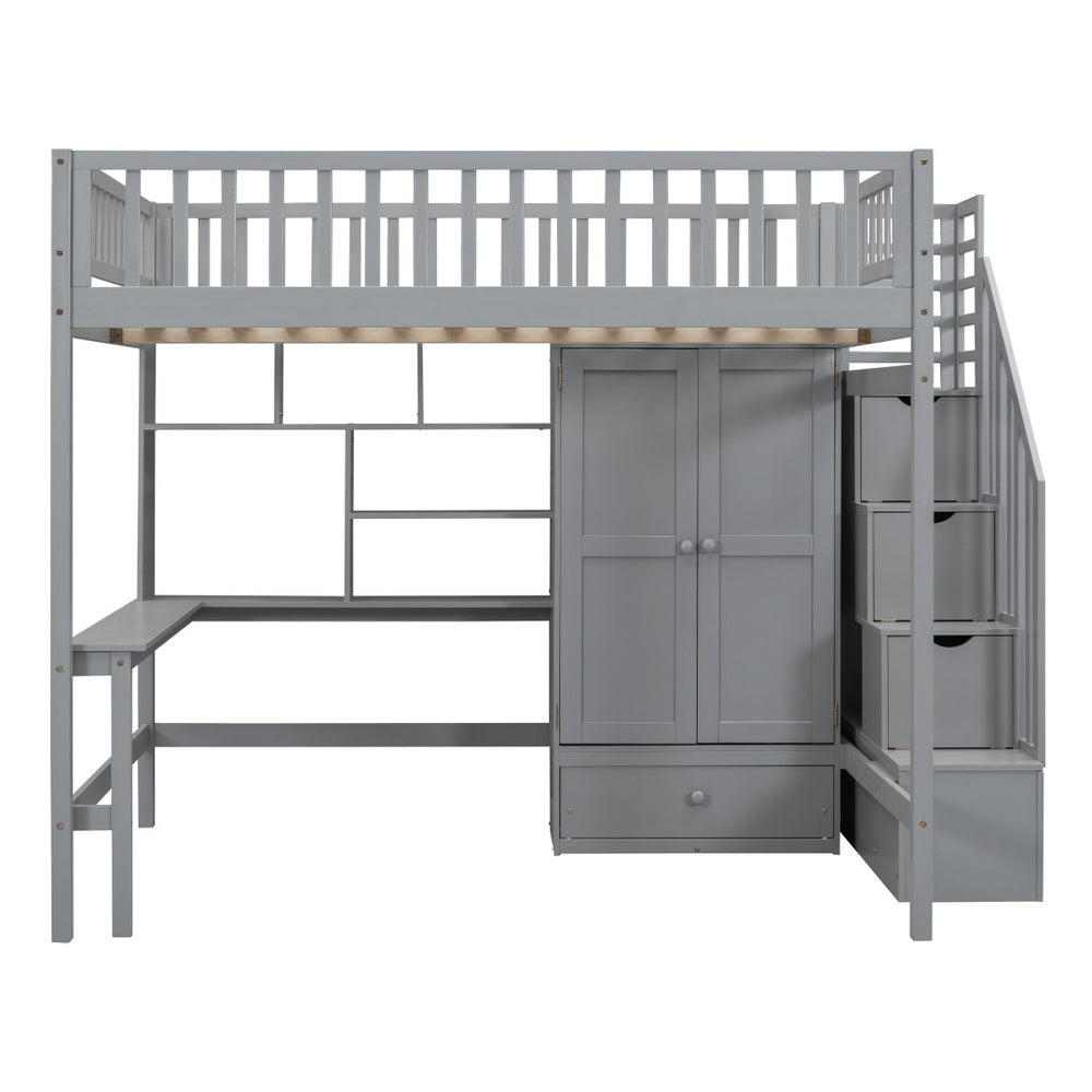 HomeRoots Gray Four Poster Loft Bed with Integrated Desk, Shelves, and Storage for Stylish Space-Saving Solutions 592857