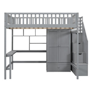 HomeRoots Gray Four Poster Loft Bed with Integrated Desk, Shelves, and Storage for Stylish Space-Saving Solutions 592857