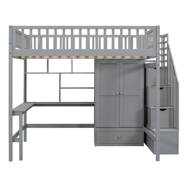 HomeRoots Gray Four Poster Loft Bed with Integrated Desk, Shelves, and Storage for Stylish Space-Saving Solutions 592857