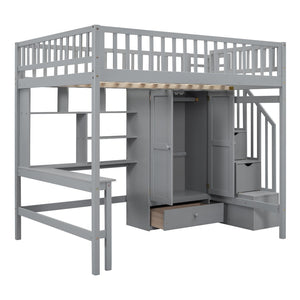 HomeRoots Gray Four Poster Loft Bed with Integrated Desk, Shelves, and Storage for Stylish Space-Saving Solutions 592857