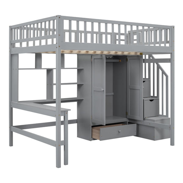 HomeRoots Gray Four Poster Loft Bed with Integrated Desk, Shelves, and Storage for Stylish Space-Saving Solutions 592857