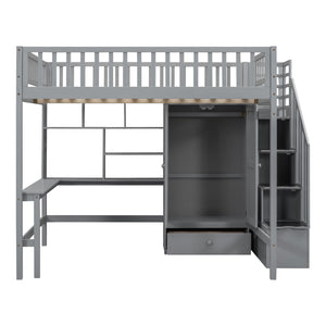 HomeRoots Gray Four Poster Loft Bed with Integrated Desk, Shelves, and Storage for Stylish Space-Saving Solutions 592857