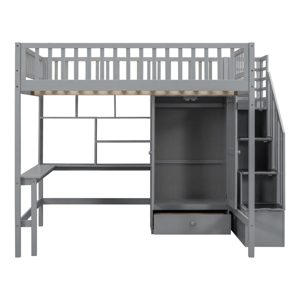 HomeRoots Gray Four Poster Loft Bed with Integrated Desk, Shelves, and Storage for Stylish Space-Saving Solutions 592857