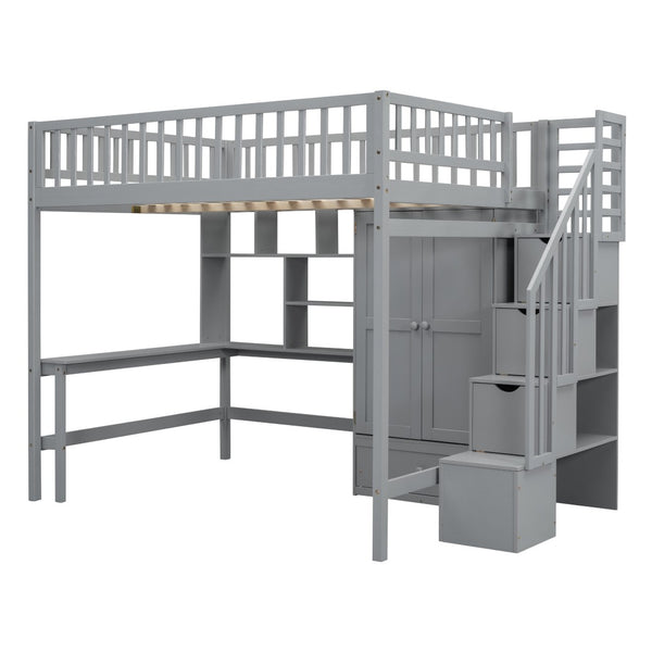 HomeRoots Gray Four Poster Loft Bed with Integrated Desk, Shelves, and Storage for Stylish Space-Saving Solutions 592857
