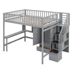 HomeRoots Gray Four Poster Loft Bed with Integrated Desk, Shelves, and Storage for Stylish Space-Saving Solutions 592857