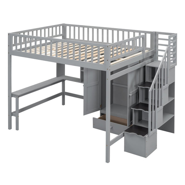 HomeRoots Gray Four Poster Loft Bed with Integrated Desk, Shelves, and Storage for Stylish Space-Saving Solutions 592857