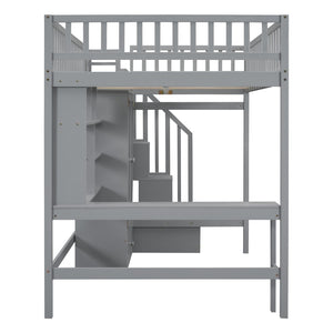 HomeRoots Gray Four Poster Loft Bed with Integrated Desk, Shelves, and Storage for Stylish Space-Saving Solutions 592857