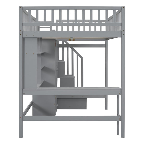 HomeRoots Gray Four Poster Loft Bed with Integrated Desk, Shelves, and Storage for Stylish Space-Saving Solutions 592857