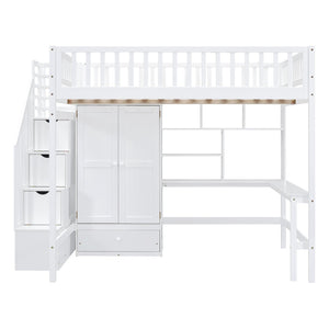 HomeRoots White Four Poster Loft Bed with Integrated Desk & Storage Shelves – Perfect for Space-Saving Style! 592858