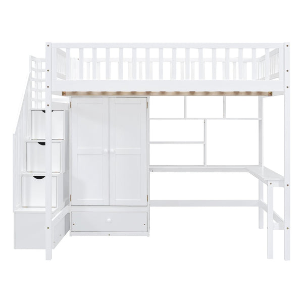 HomeRoots White Four Poster Loft Bed with Integrated Desk & Storage Shelves – Perfect for Space-Saving Style! 592858