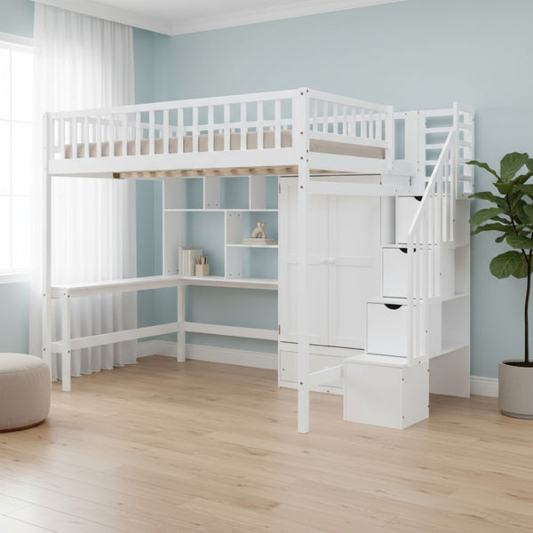HomeRoots White Four Poster Loft Bed with Integrated Desk & Storage Shelves – Perfect for Space-Saving Style! 592858