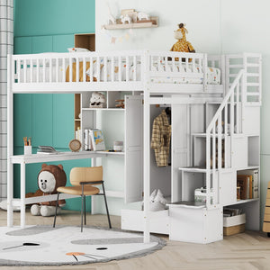 HomeRoots White Four Poster Loft Bed with Integrated Desk & Storage Shelves – Perfect for Space-Saving Style! 592858