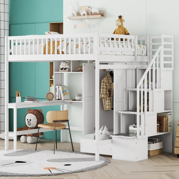 HomeRoots White Four Poster Loft Bed with Integrated Desk & Storage Shelves – Perfect for Space-Saving Style! 592858