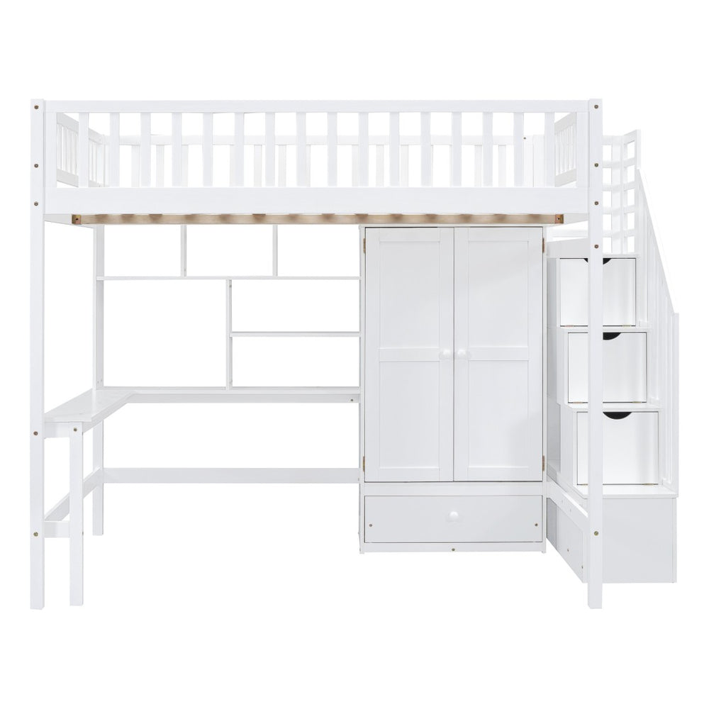 HomeRoots White Four Poster Loft Bed with Integrated Desk & Storage Shelves – Perfect for Space-Saving Style! 592858