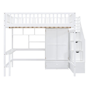 HomeRoots White Four Poster Loft Bed with Integrated Desk & Storage Shelves – Perfect for Space-Saving Style! 592858