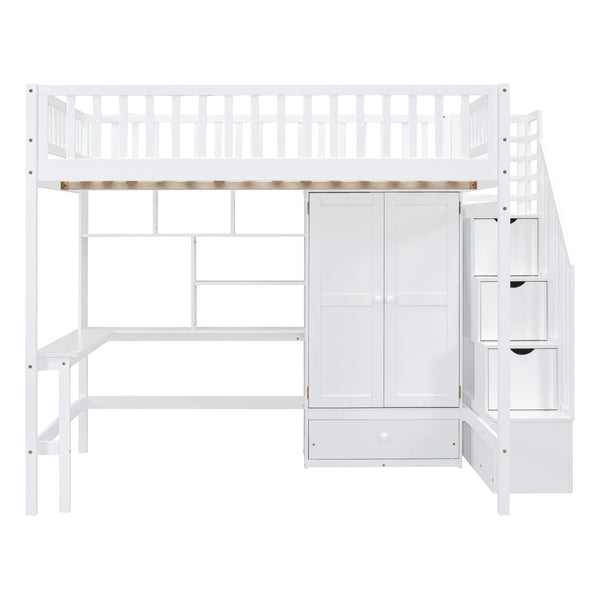 HomeRoots White Four Poster Loft Bed with Integrated Desk & Storage Shelves – Perfect for Space-Saving Style! 592858