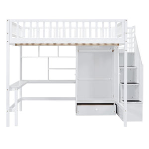 HomeRoots White Four Poster Loft Bed with Integrated Desk & Storage Shelves – Perfect for Space-Saving Style! 592858