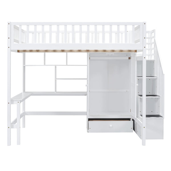 HomeRoots White Four Poster Loft Bed with Integrated Desk & Storage Shelves – Perfect for Space-Saving Style! 592858