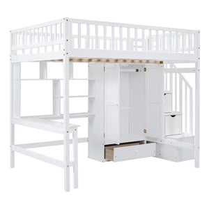 HomeRoots White Four Poster Loft Bed with Integrated Desk & Storage Shelves – Perfect for Space-Saving Style! 592858