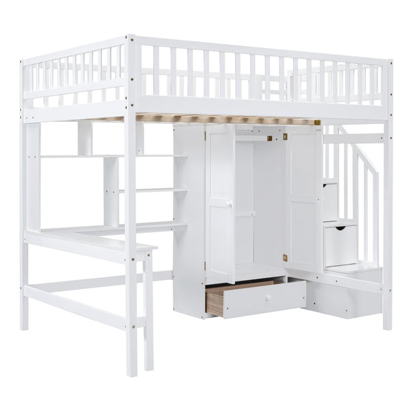 HomeRoots White Four Poster Loft Bed with Integrated Desk & Storage Shelves – Perfect for Space-Saving Style! 592858